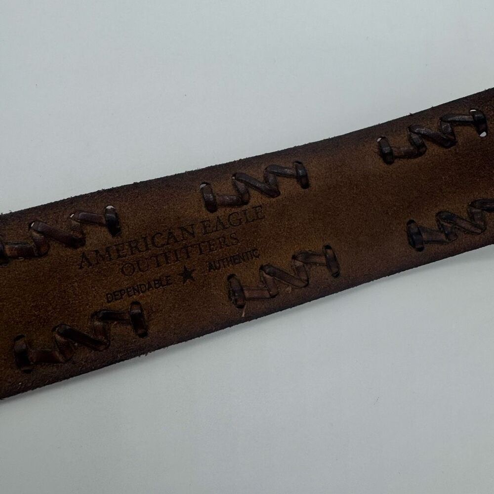 Vintage Y2K American Eagle Brown Woven Leather Belt Brass D Buckle Women Medium - Picture 6 of 7